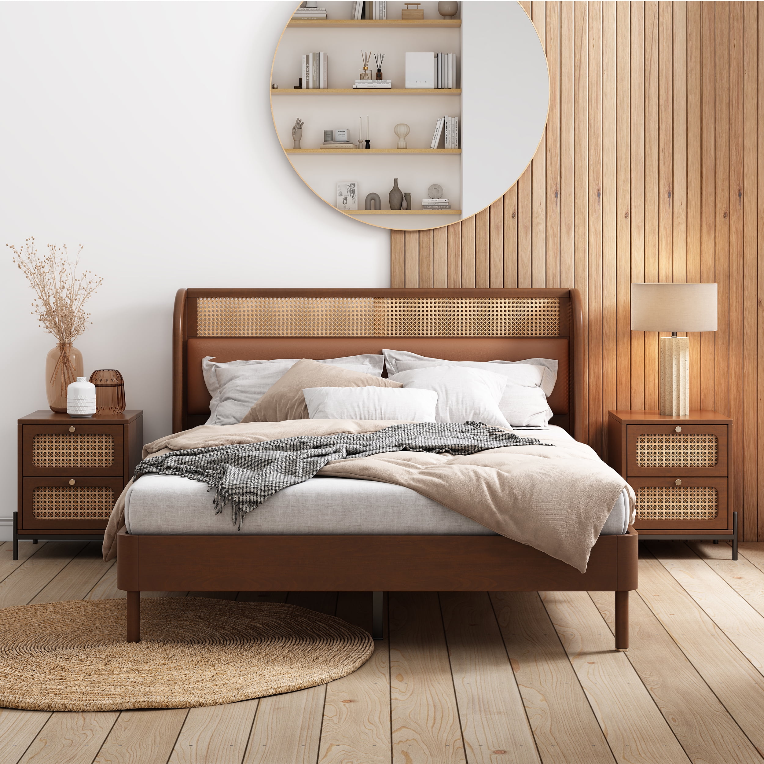 Royard Oaktree 3 Pieces Bedroom Set Queen Size Platform Bed with Rattan ...