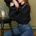 thumbnail image 7 of Women Lantern Sleeve Button Up Shirt Round Neck Long Sleeve Top Pure Color Loose Shirt for Commuting Black L, 7 of 7