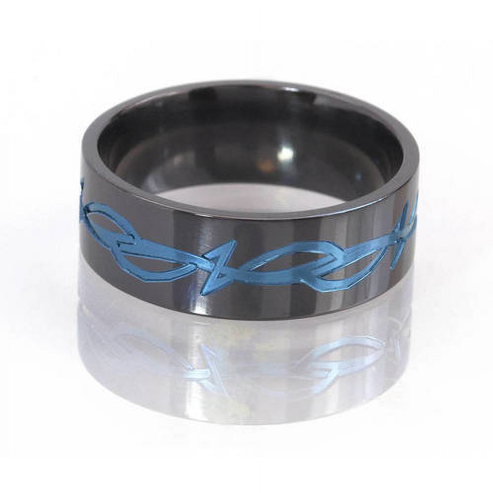 8mm Flat Black Zirconium Ring a Tribal Design Anodized in Blue