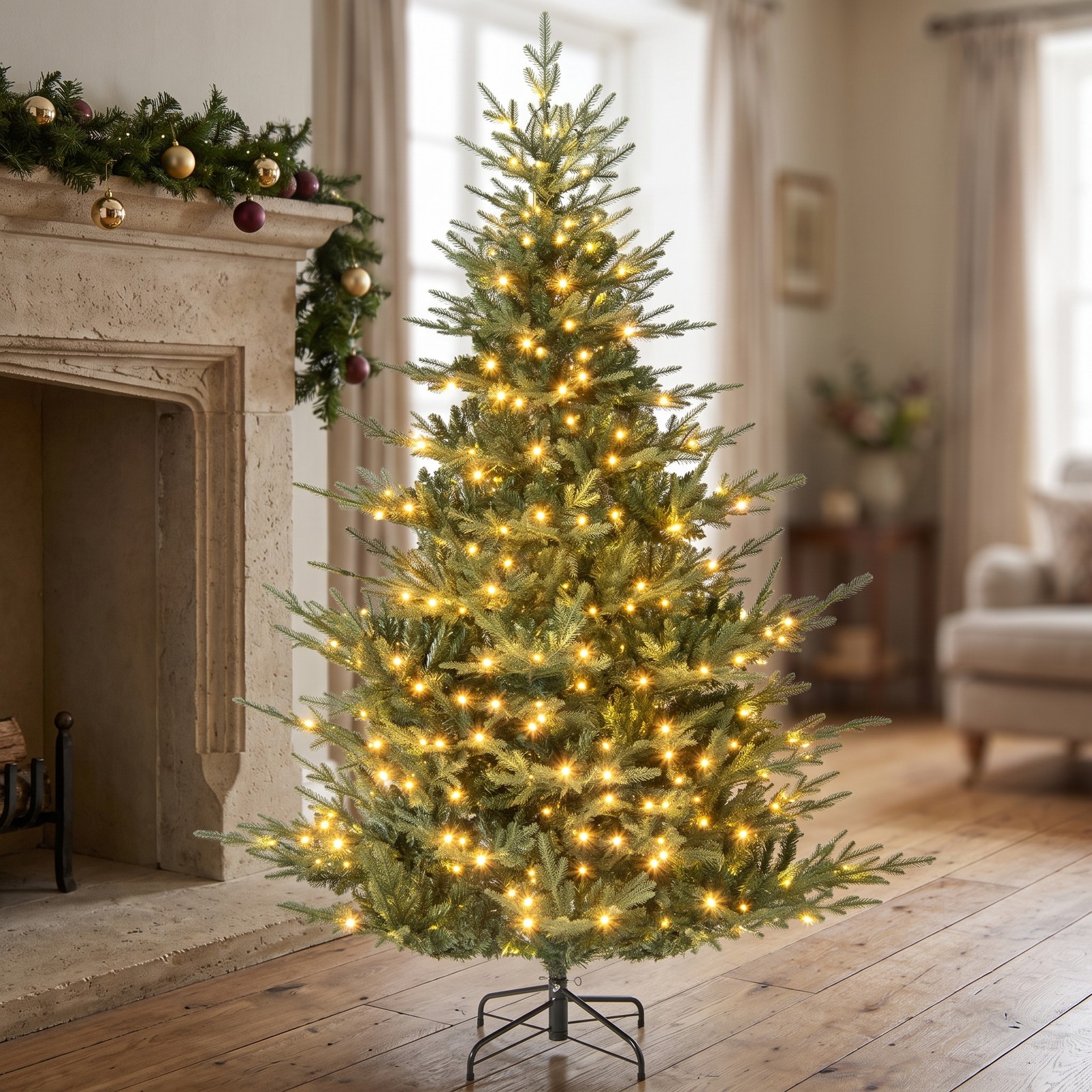 RUIE 7 FT Pre-Lit Artificial Christmas Tree with 350 Warm White LED Lights, 1102 Branch Tips, Hinged Full Spruce Xmas Tree with Metal Stand for Home Holiday, Green