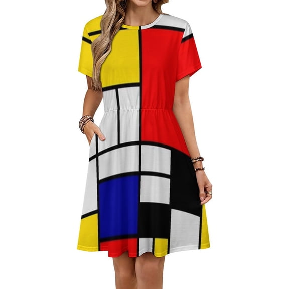 Piet Mondrian Abstract Art Short Sleeve Dress Women Summer Evening Dresses Ladies Sundress