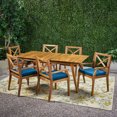 thumbnail image 3 of GDF Studio Tulum Outdoor Acacia Wood 7 Piece Dining Set with Cushion, Teak and Blue, 3 of 13