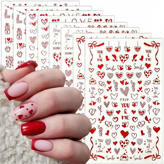8 Sheets Valentines Day Nails Art Stickers Decals,Adhesive Red Heart Nails Stickers DIYS Designs Nails Decoration Women