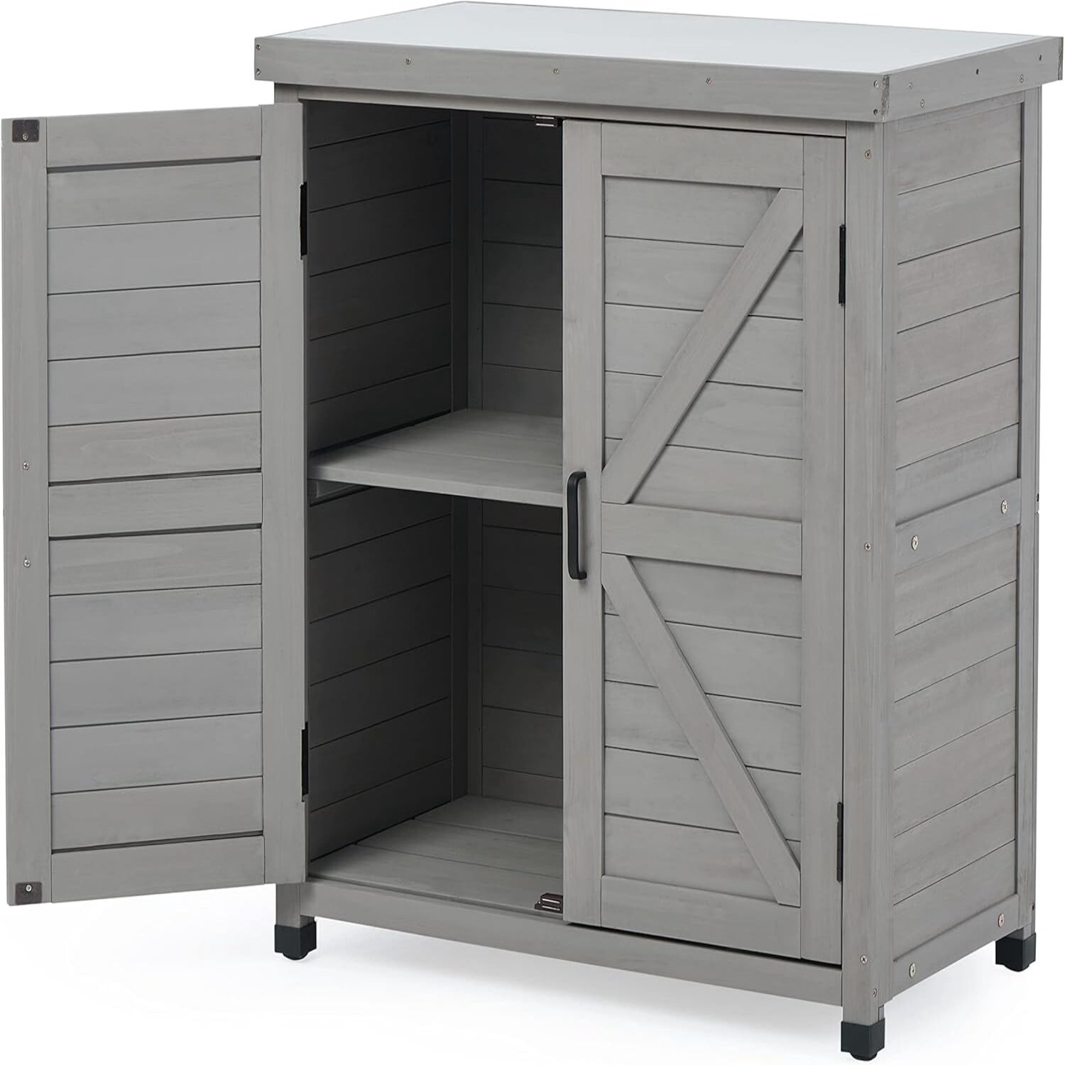 Easy4Home Wooden Outdoor Storage Cabinet with Metal Top Potting Bench Table Garden Workstation, Classic Gray
