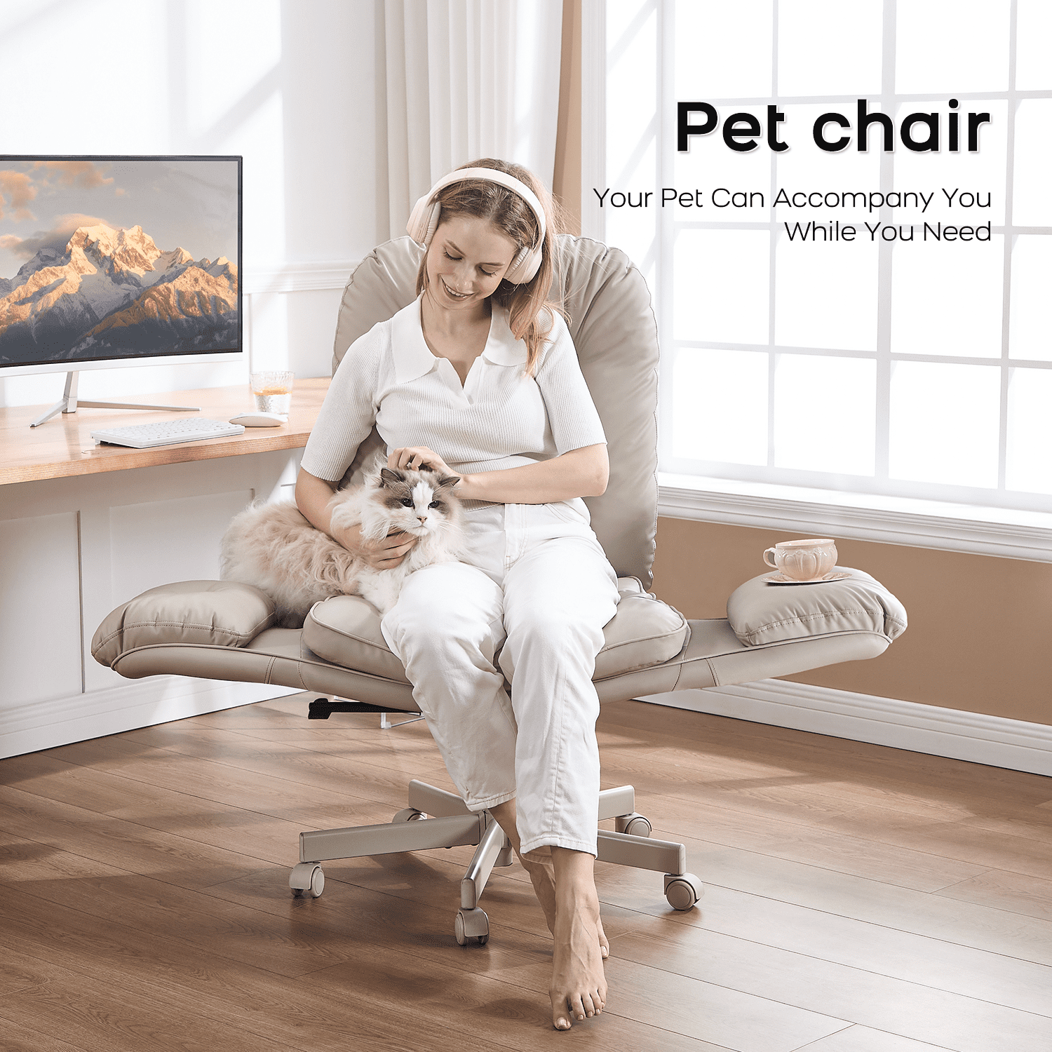 TMV PU Leather Office Chair Criss Cross Chair,Vanity Chair with Armrests & Wheels for Cross-Legged,Adjustable Swivel Desk Chair Wide Rolling Chair for Adults,Cream