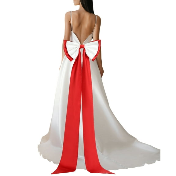 Uxcell Satin Big Bow for Wedding Dresses, Long Detachable Satin Bow Sweep Train for Formal Dress - 59 Inch & Red/White