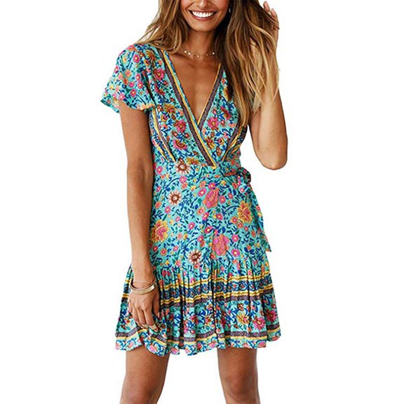 Women's Summer Deep V Neck Bohemian Floral Printed Ruffle A Line Beach Mini Dresses with Belt