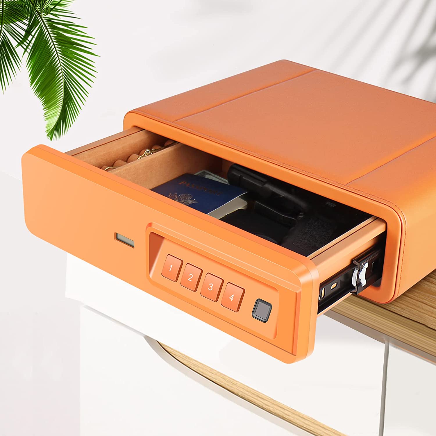 Biometric Fingerprint Safe, Slide-Away Handgun Safe for Pistols, Leather Wrapped Jewelry Storage Safe, Drawer Safe for Home and Vehicle-Orange