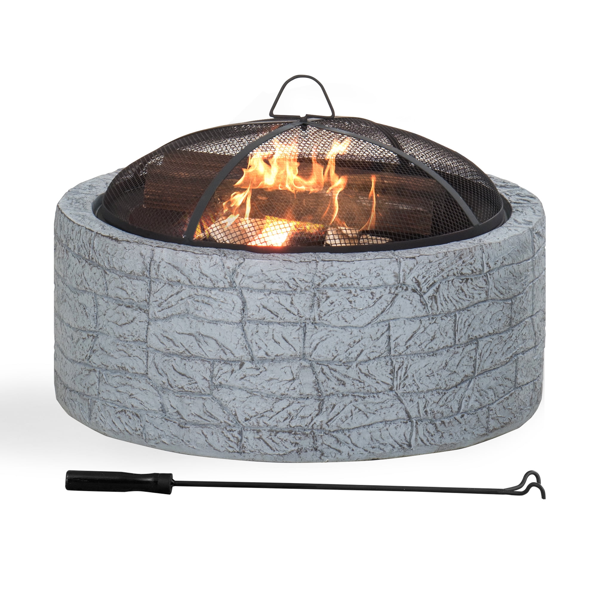 SUNJOY 26 Inch Stone Fire Pit, Patio Outdoor Round Wood Burning Fire Pits for Outside with Spark Screen and Poker, Misty Blue Stone
