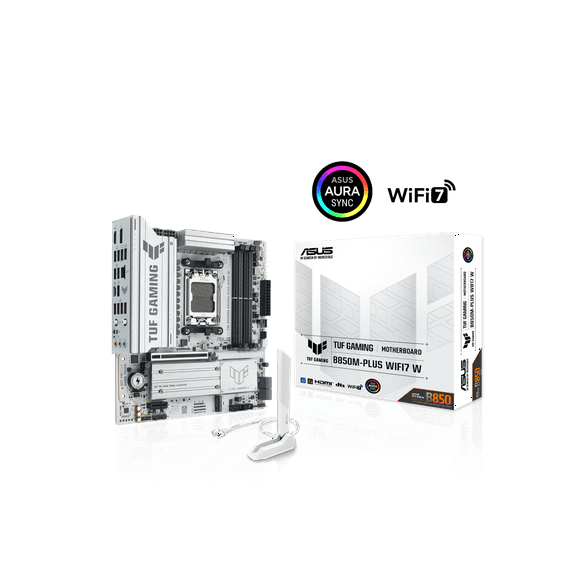 ASUS TUF GAMING B850M-PLUS WIFI7 W AMD B850 mATX motherboard, 14 2 1 80A DrMOS power stages, DDR5, PCIe 5.0, three M.2 slots, WiFi 7, 2.5Gb Ethernet, DisplayPort, HDMI, rear USB-C 20Gbps and front US