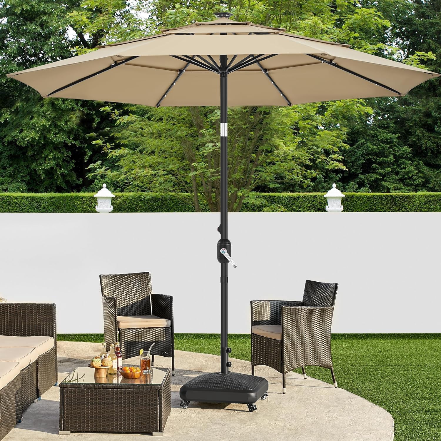 MONGJI 123lb Capacity Fillable Mobile Patio Umbrella Base, Windproof Heavy Duty Market Stand with 4 Wheels, 4 Locks 2 Knobs for Deck, Poolside, Garden,Black-Faux Rattan