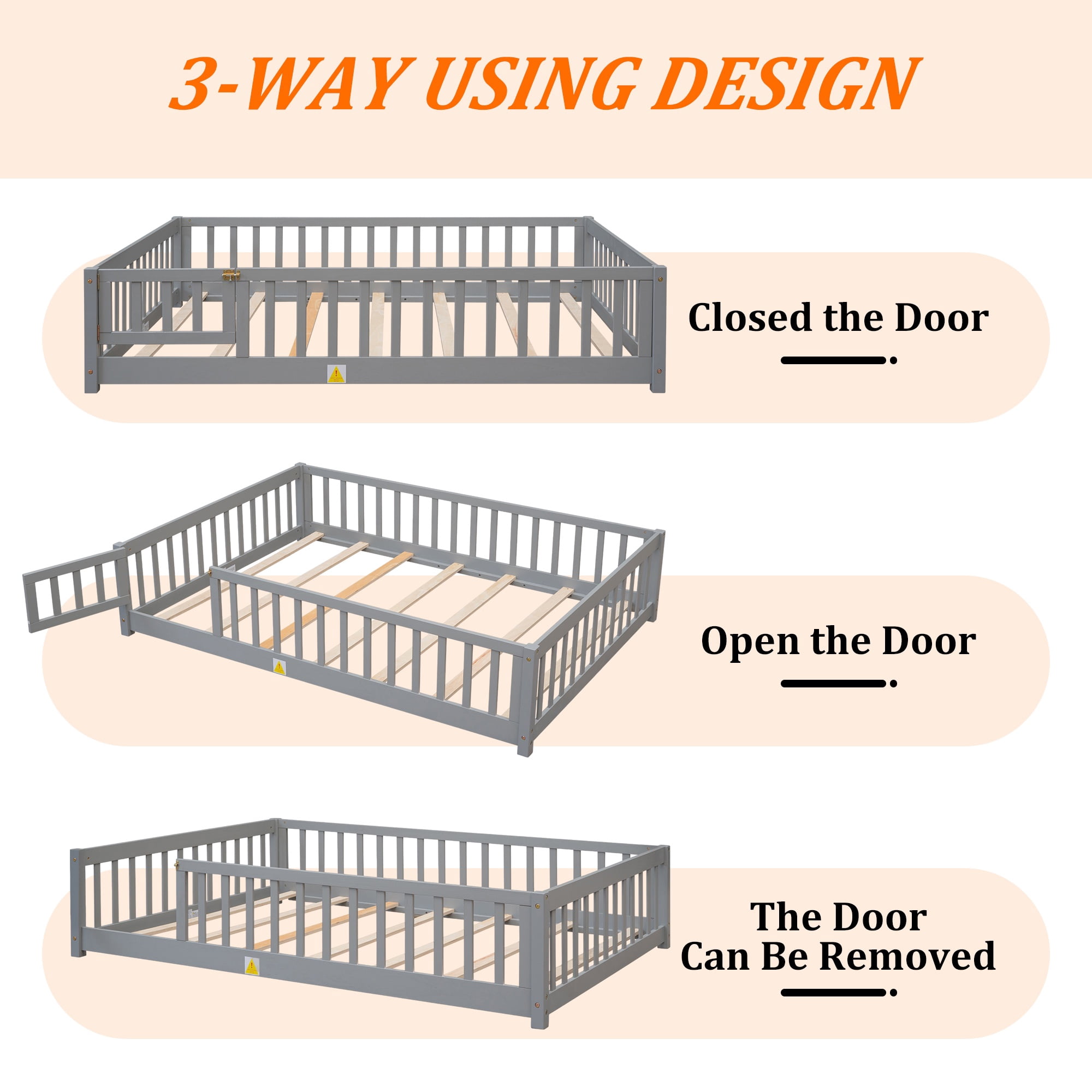 UHOMEPRO Twin Size Floor Bed with Fence and Door, Low Profile Montessori Floor Bed for Crib Transition, Solid Wood Cute Bed Frame with Slats Supports, Easy Assembly, No Box Spring Needed, Grey