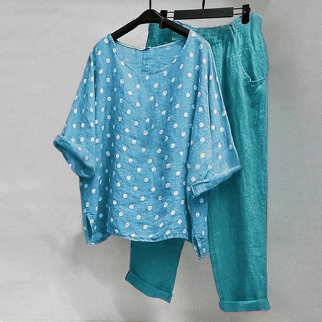 Ensembles Femmes Imprimé Col Rond Demi-Manche Pull Chemise Hauts + Pantalons Ensemble Été 2 Pcs pour Femmes en Solde
