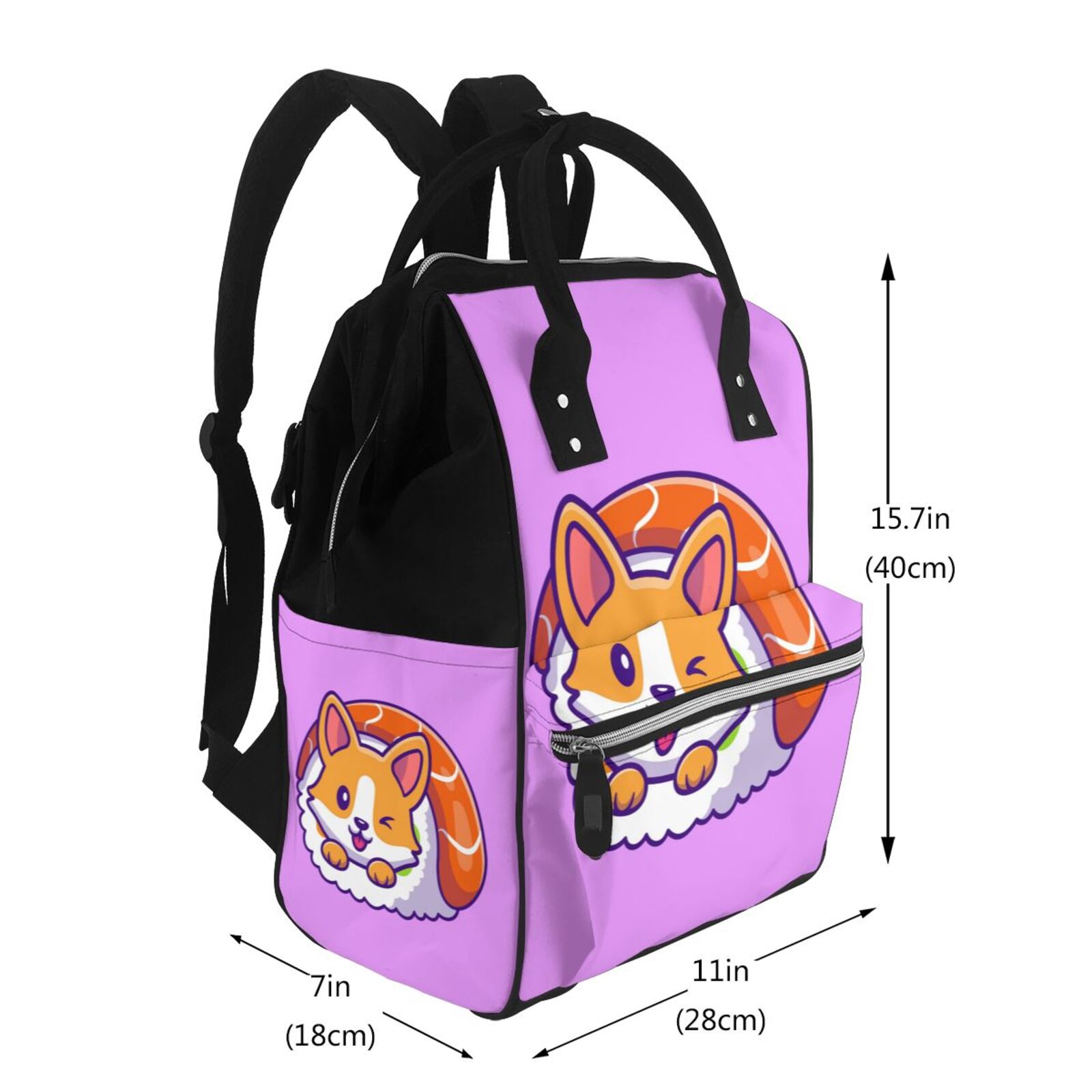 Ratiio Corgi In Sushi Roll Mummy Backpack - Waterproof Twill Canvas, Large Capacity Diaper Bag with Multiple Pockets and Adjustable Straps