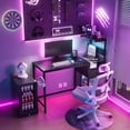 thumbnail image 2 of PetFurnishn Computer Gaming Desk with Power Outlet and LED Lights, Reversible Study Writing Table with Storage Shelves and USB Ports, PC Desk Home Office Workstation, Black, 2 of 9