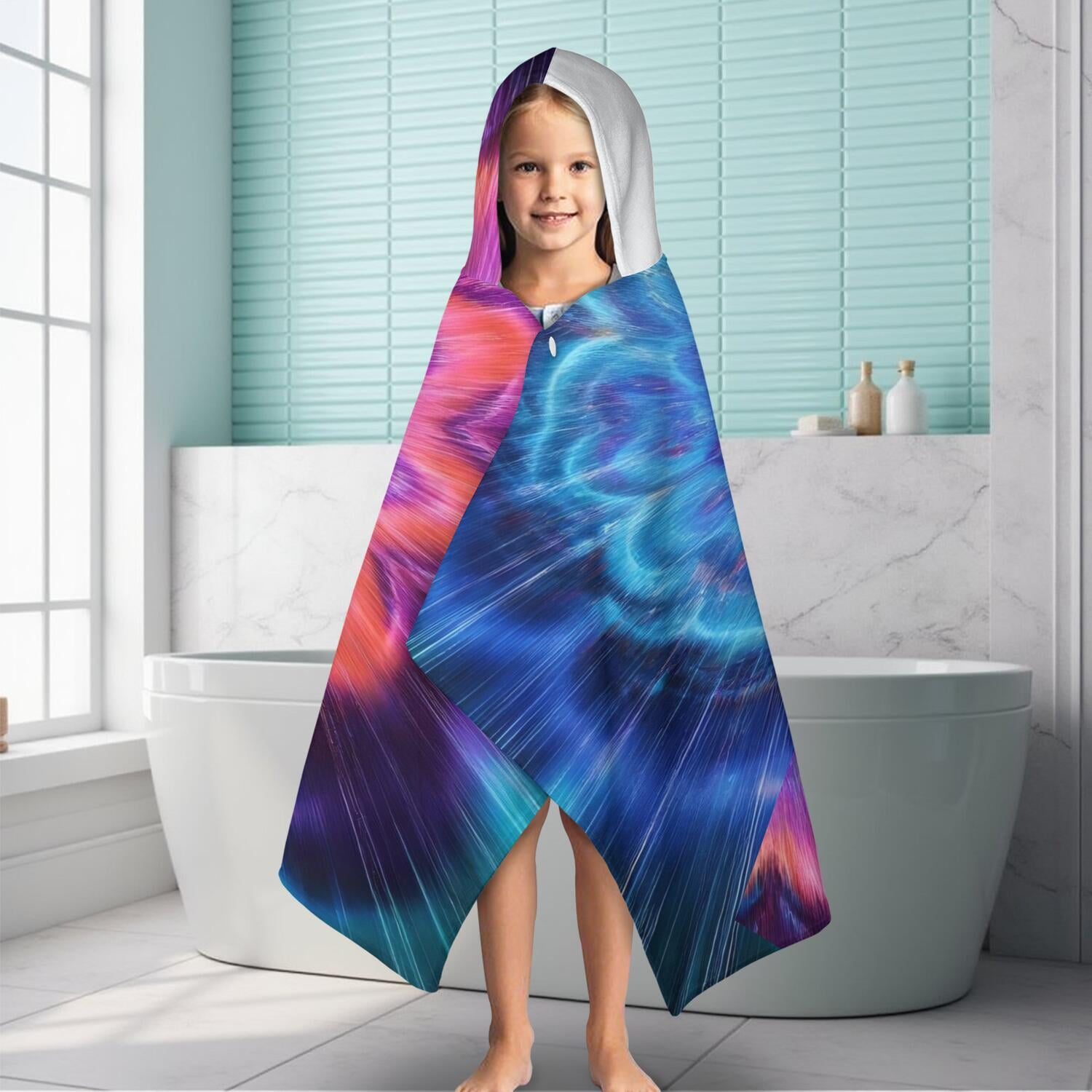 Colorful Tie Dye Burst Flower Pattern Hooded Bath Towel，60"x35" for Ages 3 To 12 Kids, Quick Dry Lightweight Soft Microfiber Hood Beach Towel Cover Up for Kids
