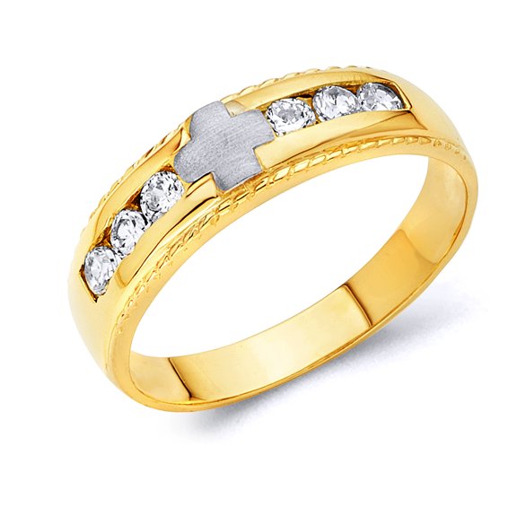 Wellingsale Men's Solid 14k Two 2 Tone White and Yellow Gold Polished CZ Cubic Zirconia Cross Wedding Band - Size 8