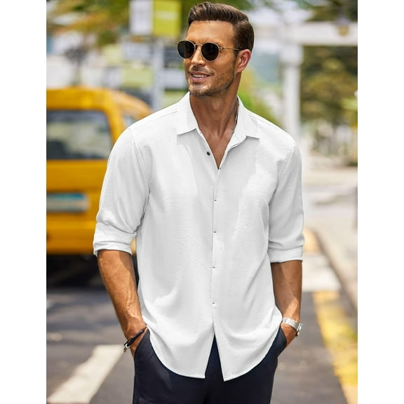 COOFANDY Men's Casual Shirt Long Sleeve Beach Shirt Slim Fit Shirt for Men Beach Summer Wedding Shirt