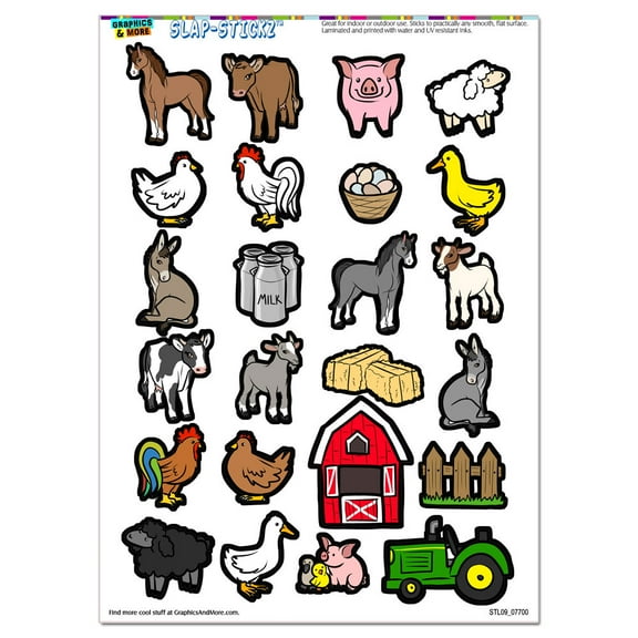 Farm Animals - Pig Chicken Cow Sheep Rooster Duck Barn SLAP-STICKZ(TM) Premium Sticker Sheet