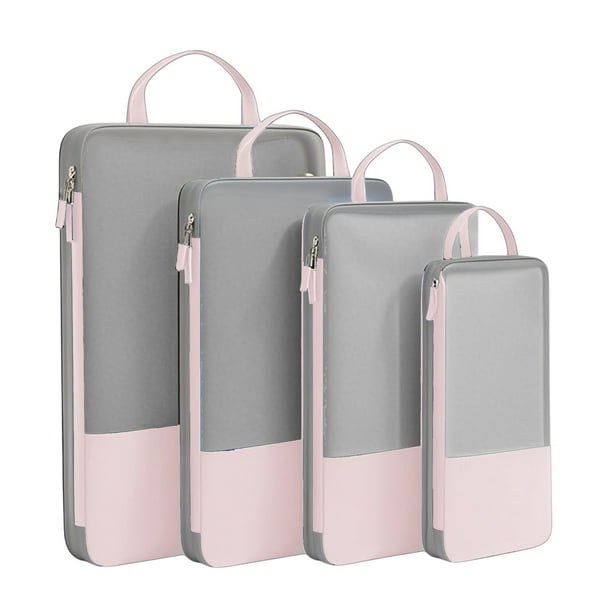 Juego de 4 cubos de compresión para viajes. Compresibles, ligeros y compactos. Imprescindibles de viaje para mujeres. Color rosa.