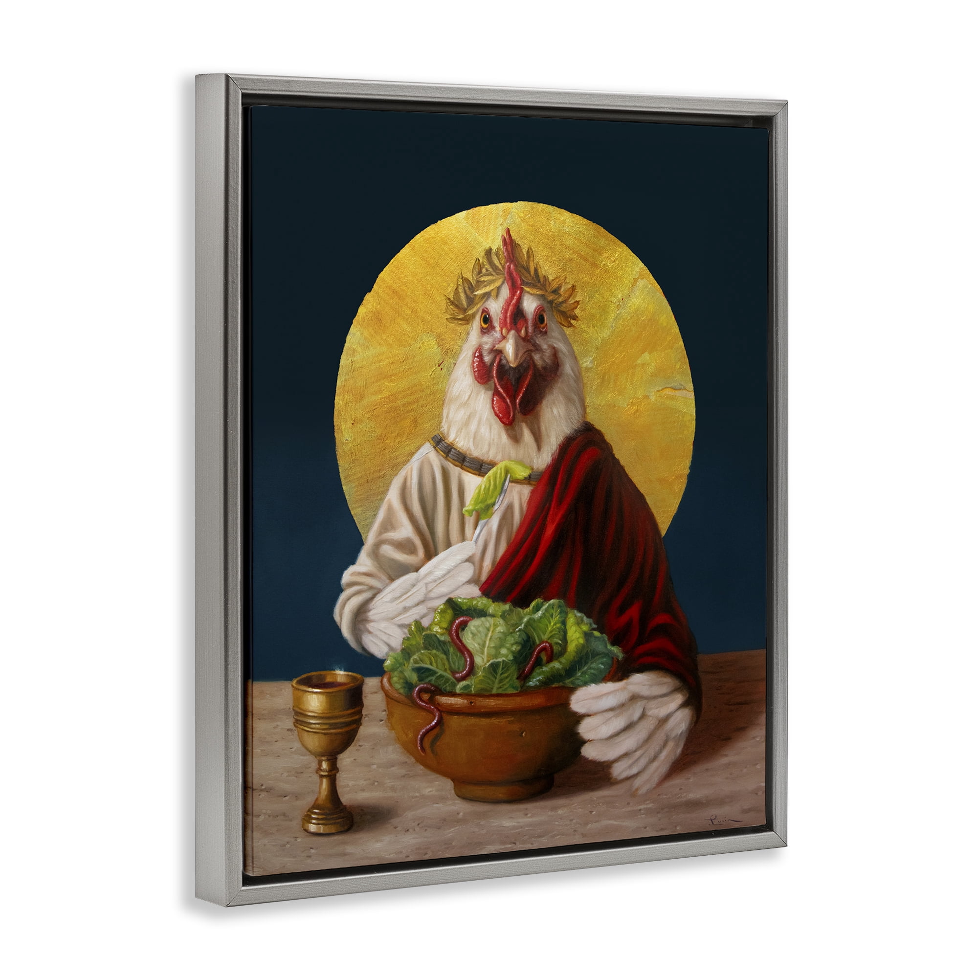 Stupell Industries Classic Hen with Meal Novelty & Humor Painting Gray Floater Framed Canvas Art Print Wall Art, 17 x 21
