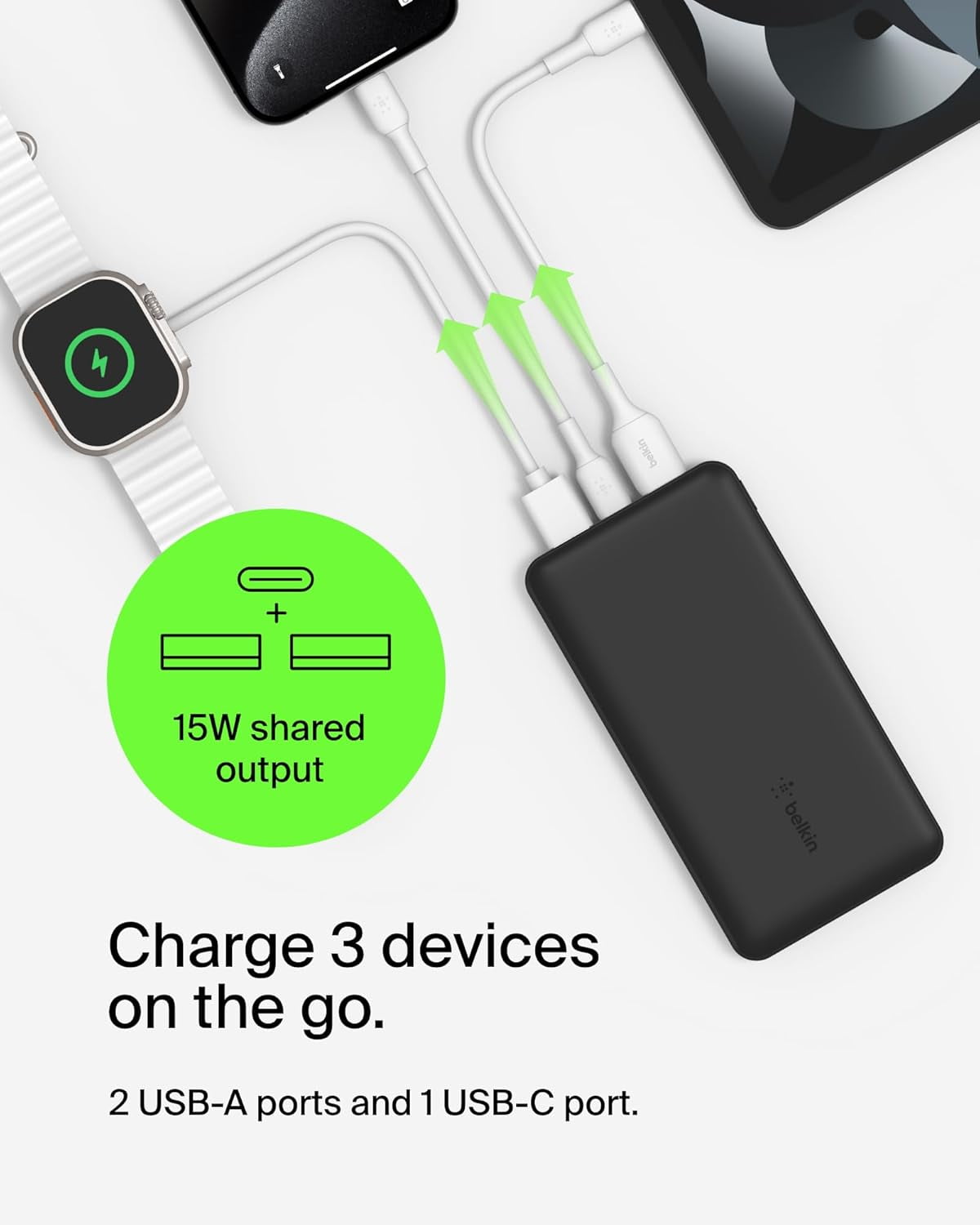 Belkin BoostCharge Power Bank 10K, 10000 mah Portable Power Bank with USB-a to USB-C cable, BPB011btBK-RF, 1 Pack