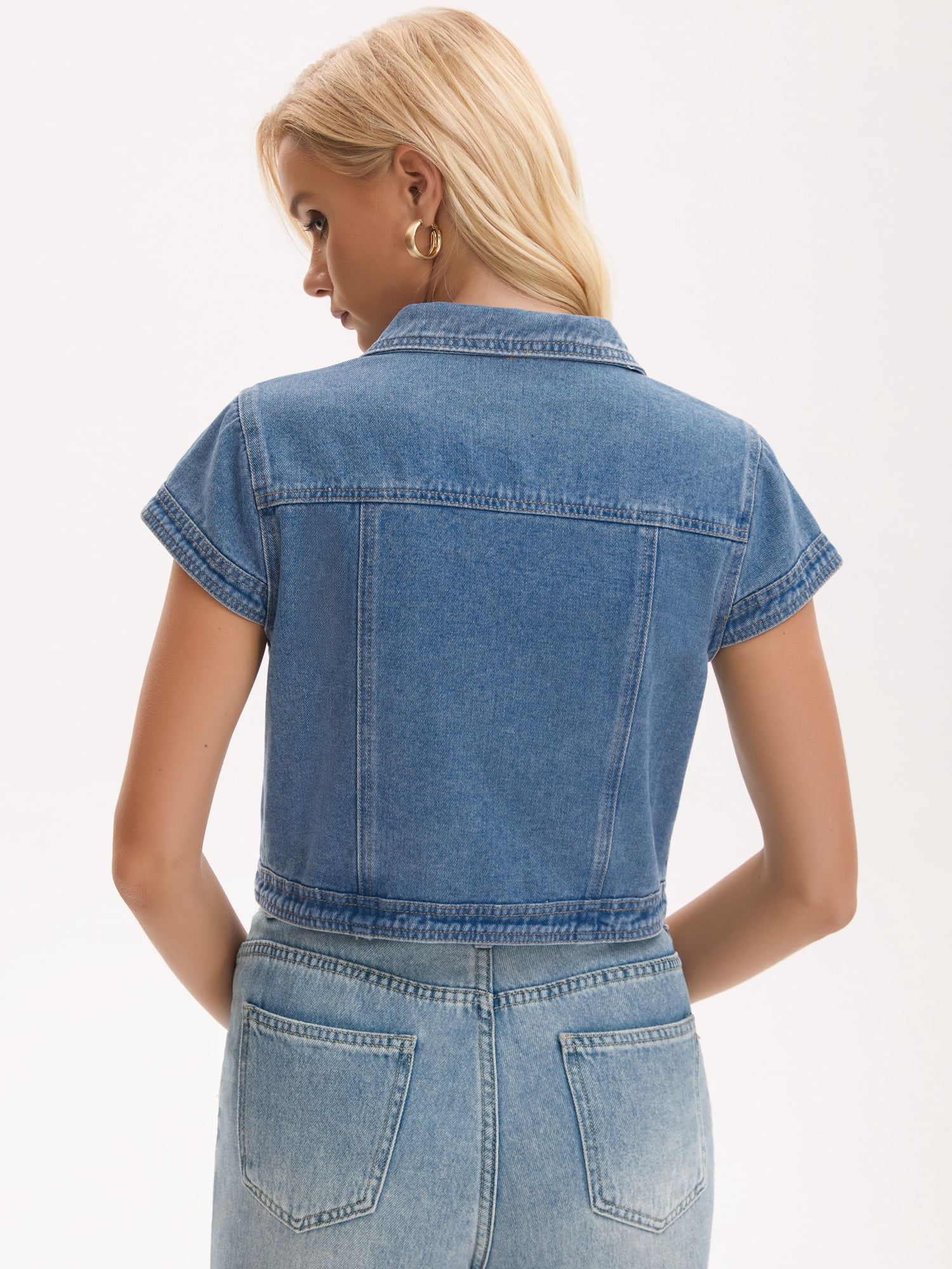 DARING DIVA Women's Cap Sleeve Shrug Collared Open Front Jean Jacket L Blue