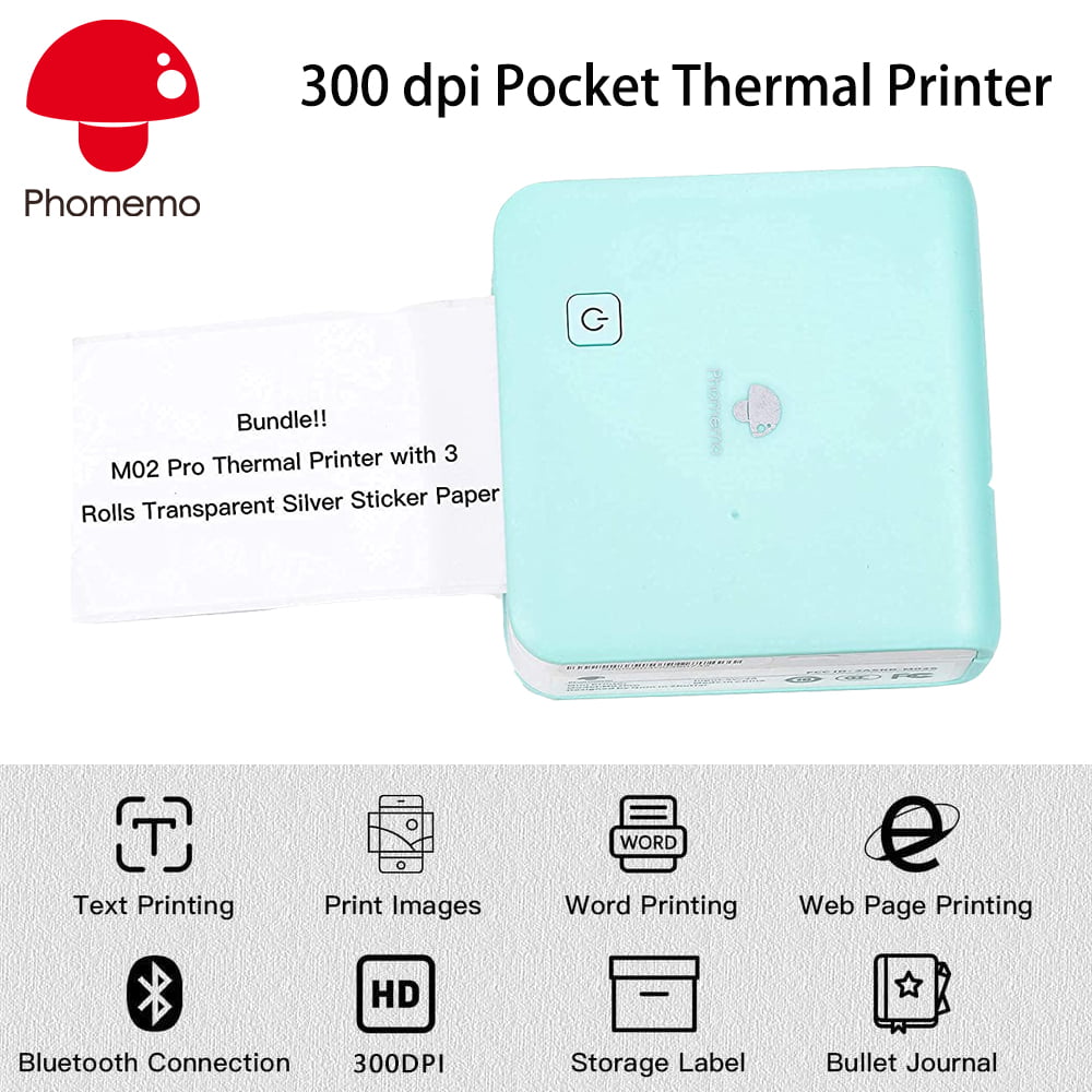 Gift Phomemo M02 Mini Mobile Printer- Bluetooth Thermal Photo Printer with 3 Rolls Transparent Sticker Paper Work Study Notes Compatible with iOS Android for Plan Journal Art Creation 