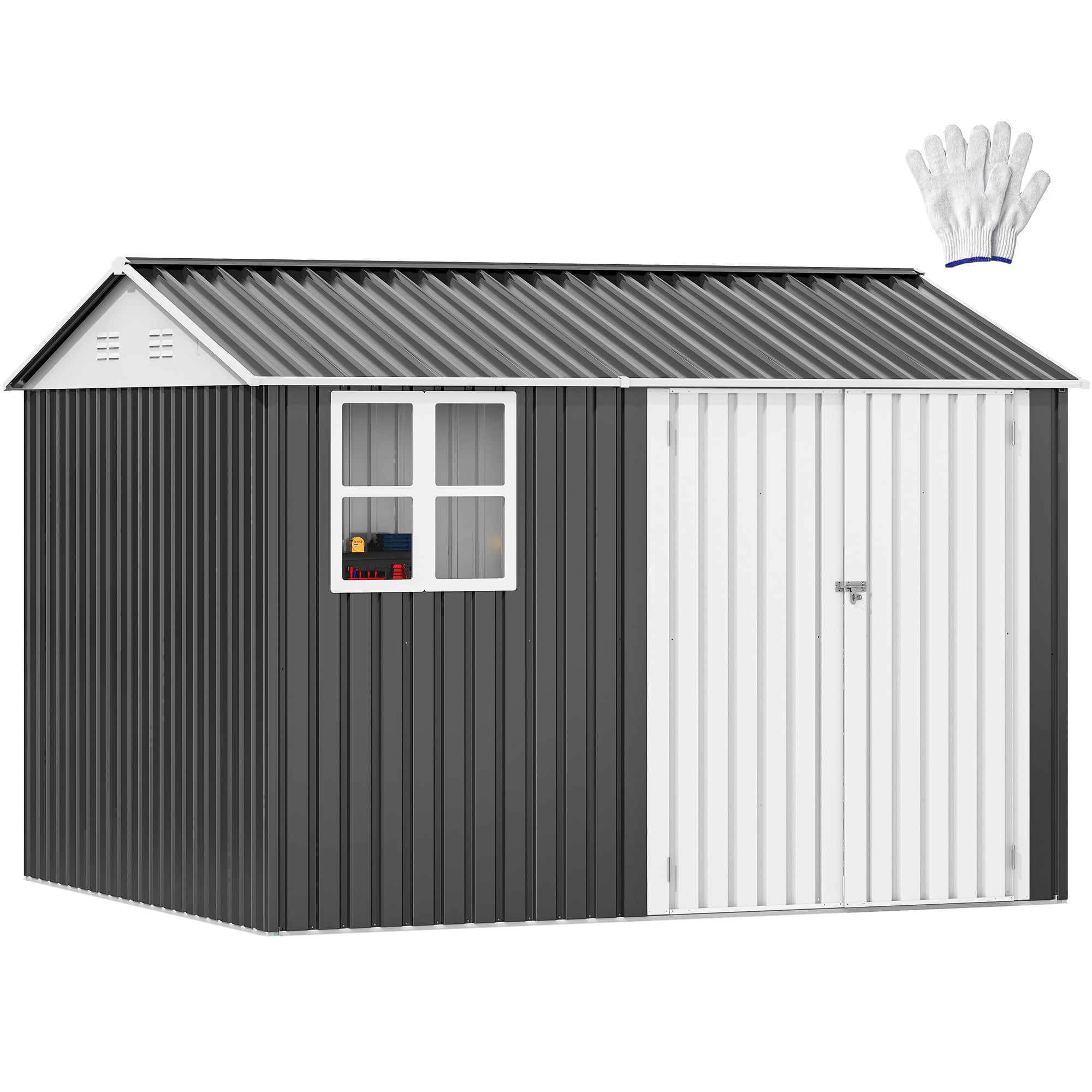 Uforic 10' x 8' Outdoor Storage Shed, Waterproof Metal Shed with Windows, Lockable Doors Gray/White