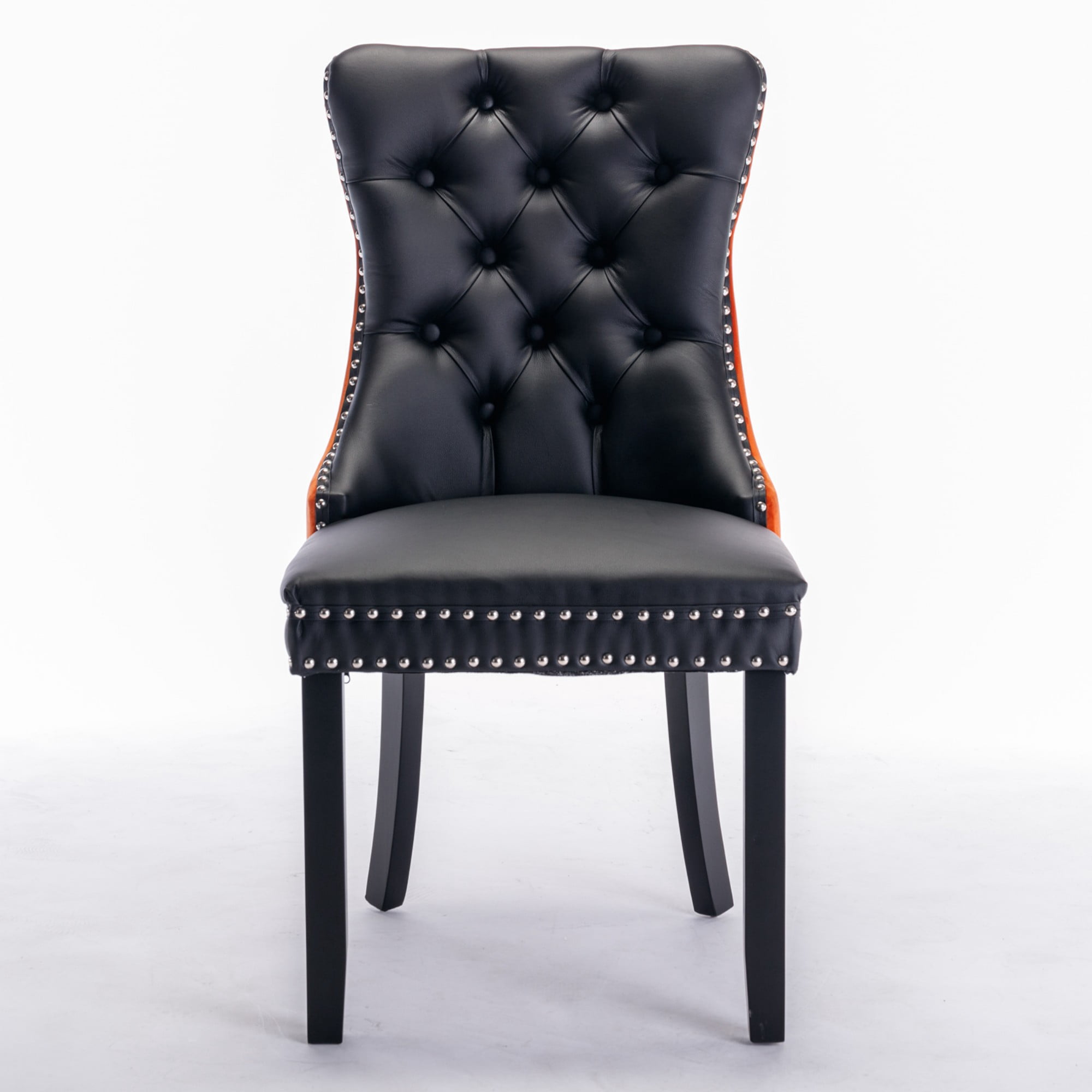 BSHTI 37.5-inch Modern Parson PU Leather and Velvet Upholstered Dining Chairs Set of 2 With Tufted Back, Nailhead Trim, Solid Rubberwood Legs for Dining Room (Black+Orange)