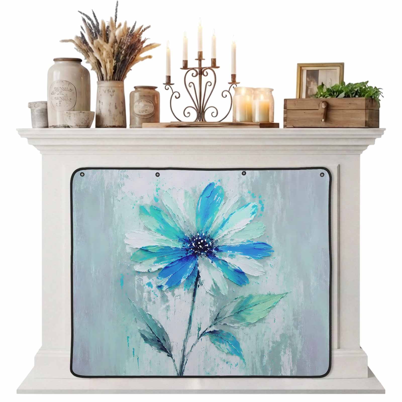 Magnetic Fireplace Cover Teal Floral Petals Fireplace Screen Modern Art Painting Insulation Fireplace Blocker Blanket Save Energy Fireplace Draft Stopper Covers for Living Room 39x32