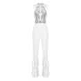 thumbnail image 3 of Womens Dance Leotard Shiny Rhinestone O-Ring Front Tiered Bell-Bottom Bodysuit for Disco Party Silver M, 3 of 7