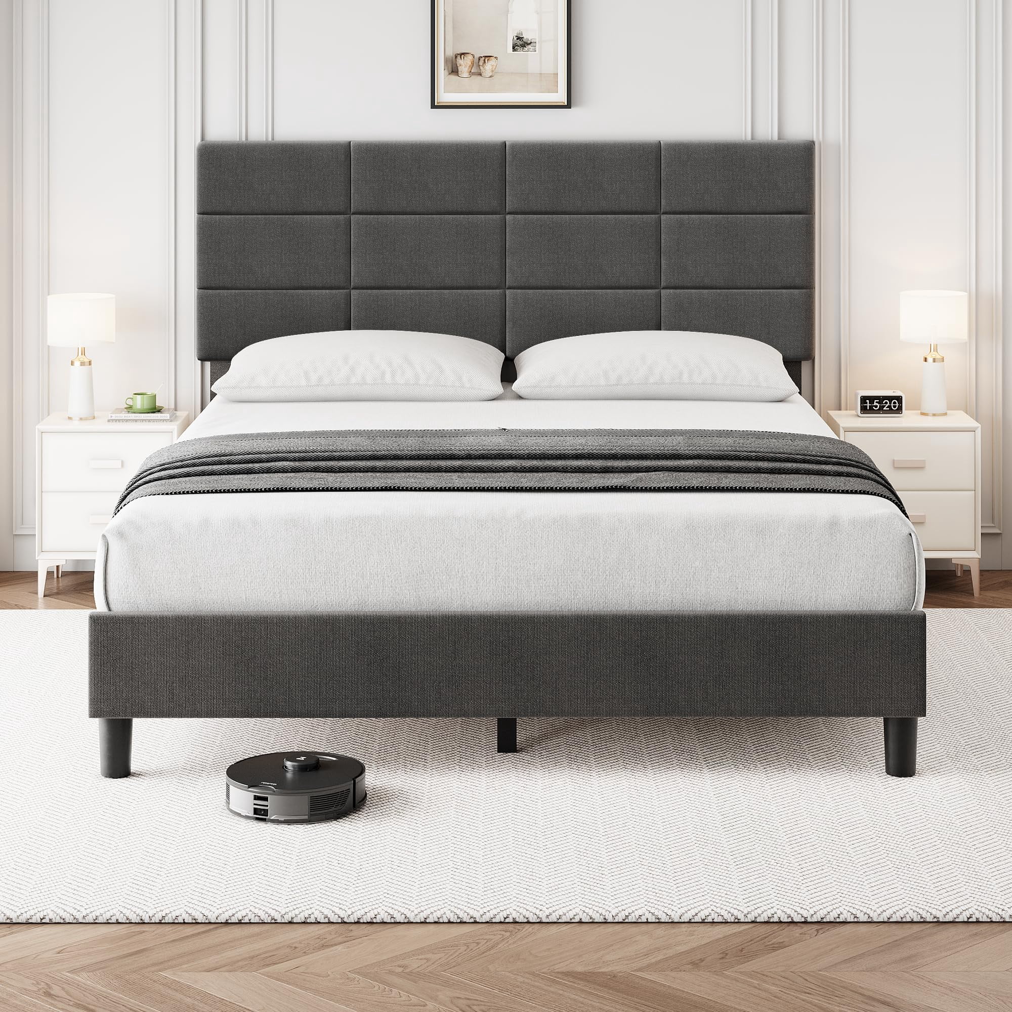 TROPOW Queen Bed Frame,with Adjustable Headboard,Linen Upholstered Queen Platform Bed Frame with Wooden Slats Support, Mattress Foundation and No Box Spring Needed, Dark Grey