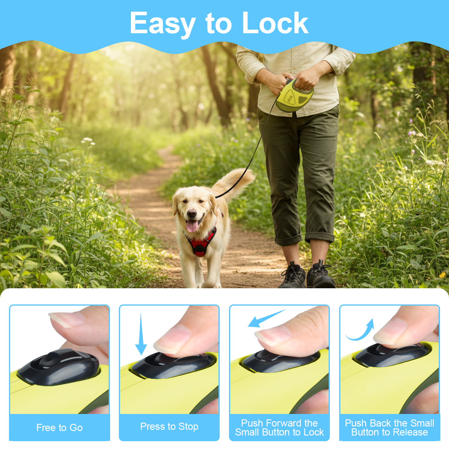 HOOTEK Retractable Dog Leash with LED Light, 16ft Heavy Duty Dog Leash with Anti-Slip Handle and 360° anti-tangling, One Button Brake & Lock Dog Leash for Small/Medium/Large Dogs Up to 50lbs, Green