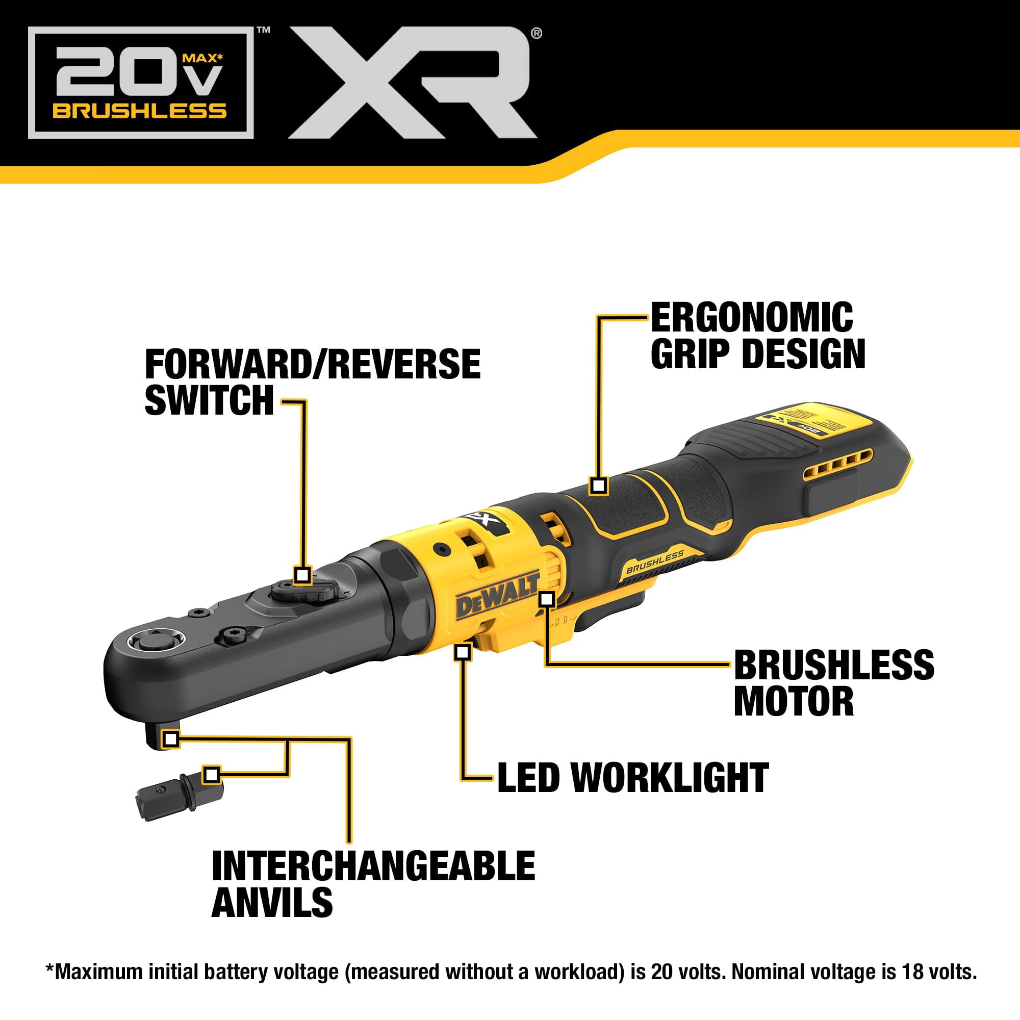 DEWALT 20V MAX XR Cordless Ratchet, 3/8" and 1/2" Sealed Head Ratchet, Bare Tool Only (DCF510B) C21