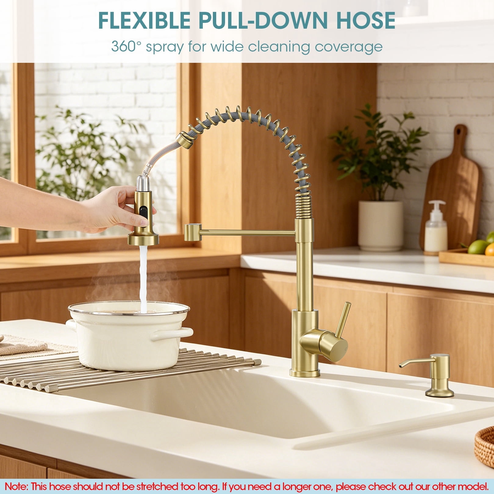 Wowkk Kitchen Sink Faucets with Pull Down Sprayer and Soap Dispenser, 304 Stainless Steel Single Handle Kitchen Faucet, 2 Water Modes with Deck Plate for Laundry Utility Camper, Brushed Gold