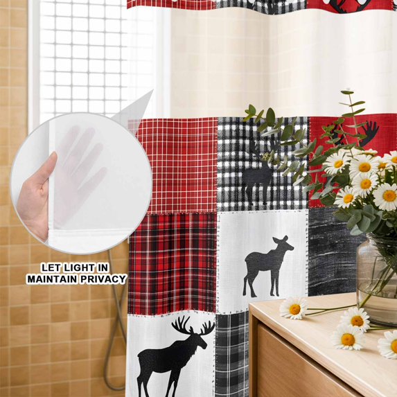 No Hook Shower Curtain with Built-in Rings - Farmhouse Checkered Plaid Washable Waterproof Fabric Bathroom Curtains for Hotel,Rentals, 72X 96 Inch Extra Long, Country Cabin Deer Red Black White