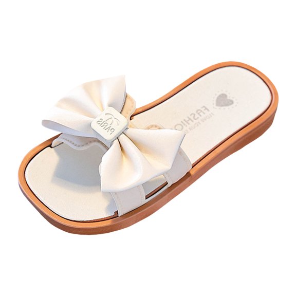 YDFCWXW Girl's Bow Flat Slip on Sandals Cute Fashion Trendy Summer Vacation Round Open Toe Summer Slides Sandal (White, 34)