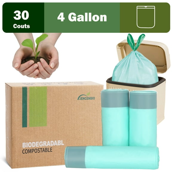 JENCENBIO Compostable Garbage Bags with Drawstring 4 Gallon Trash Bags, Waste Bags for Kitchen Bathroom Office , BPI ASTM D6400 and OK Compost Home Certified