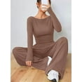 thumbnail image 6 of Women'S 2 Piece Matching Lounge Set Long Sleeve Boat Neck Top Wide Leg Pants Casual Sweatsuit Khaki XXL, 6 of 9