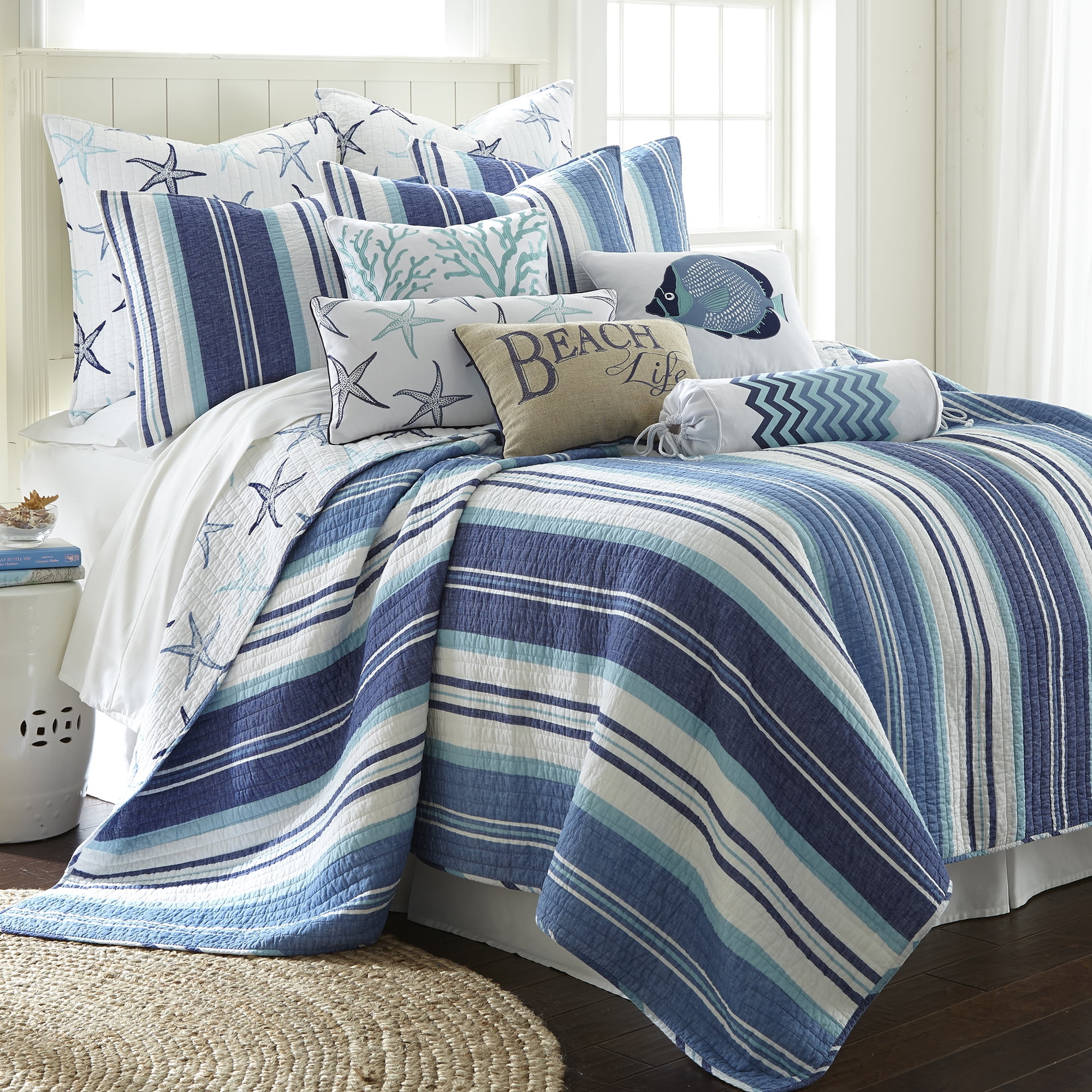 Blue Anchors Print Details about   Harbour Stripe Quilted Bedspread & Pillow Shams Set 