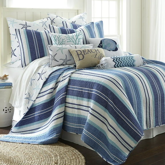 Levtex Home - Camps Bay Quilt Set -King Quilt Two King Pillow Shams - Striped Coastal Pattern In Navy and Blues - Quilt Size (106 x 92") and Pillow Sham Size (36 x 20") - Reversible Pattern - Cotton