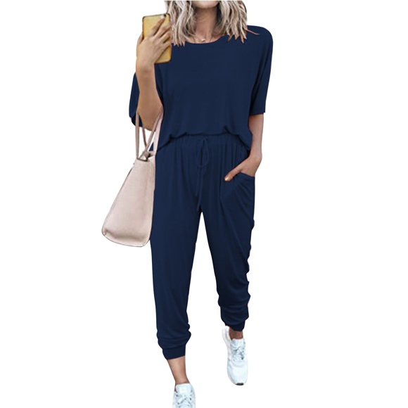 Pavied Ensembles Deux Pièces, Ensembles de Détente, Ensemble Deux Pièces pour Femmes, Chandail à Manches Courtes avec Pantalon Long à Cordon, Ensemble de Jogging, Ensembles Assortis, Chandail en Molleton pour Femmes, Tenues d'Automne, Marine 3TG
