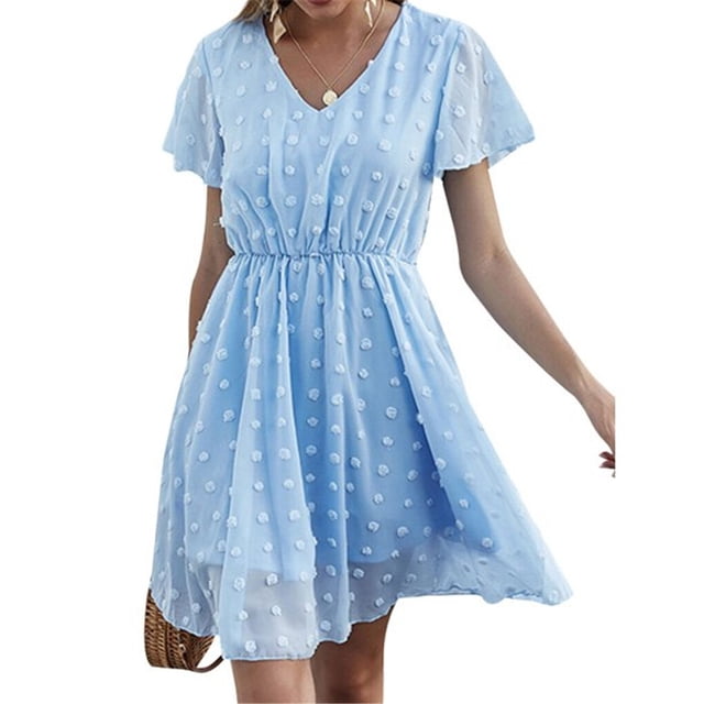 Guardurnaity Vestido de mujer con cuello en V Ropa de verano Punto Color sólido Vestido de gasa de una línea Vestidos azul claro S