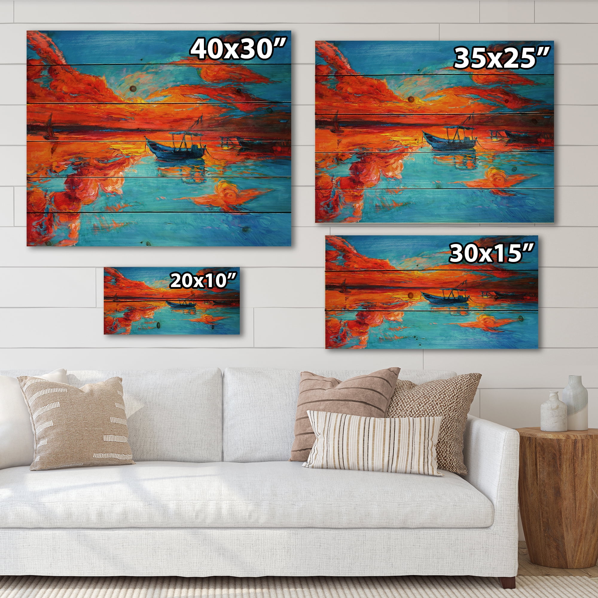 Designart 'Boats During Warm Sunset Resting On The Water VI' Nautical & Coastal Print on Natural Pine Wood