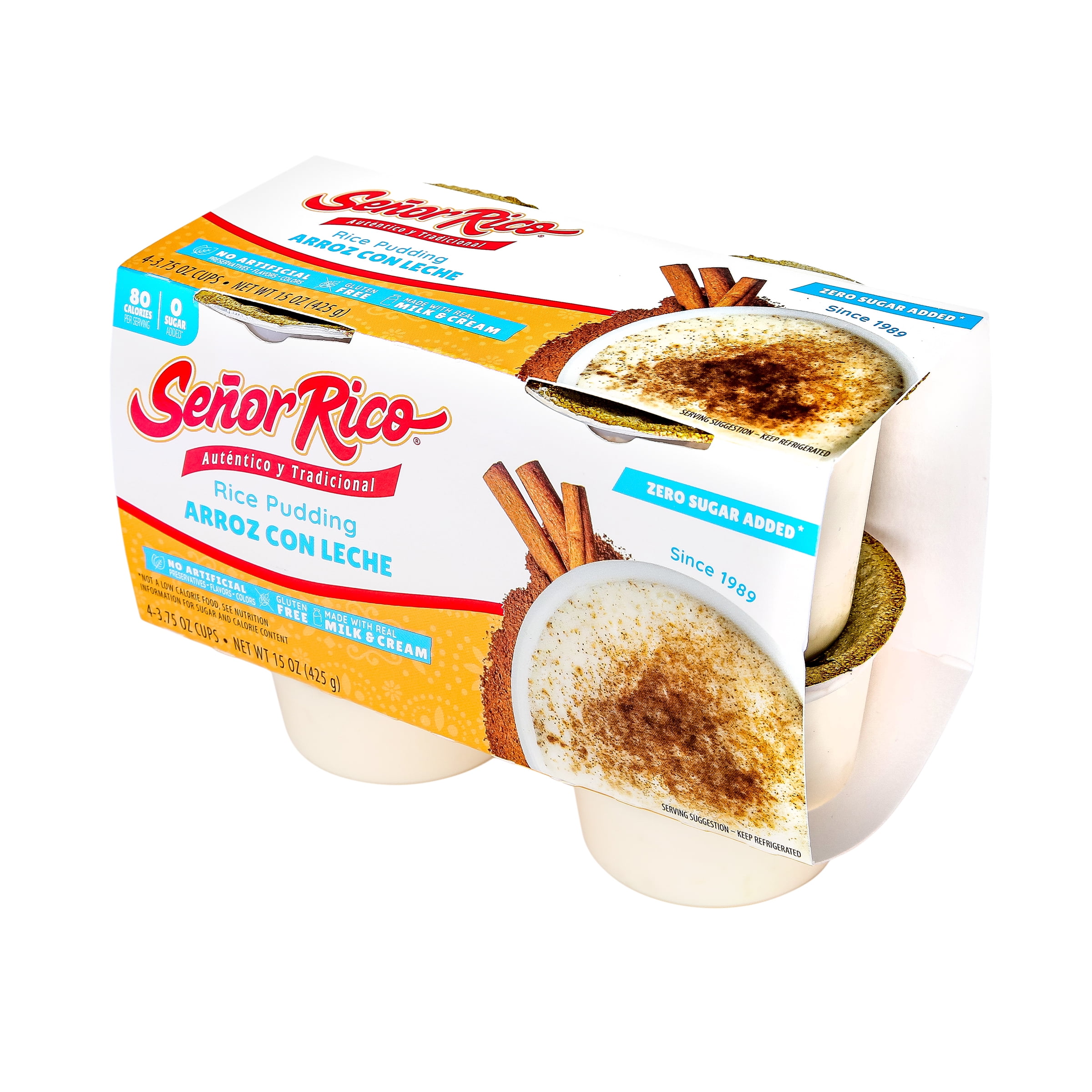Senor Rico Zero Sugar Added Rice Pudding, 4 Count Plastic Cups, Refrigerated, Gluten-Free