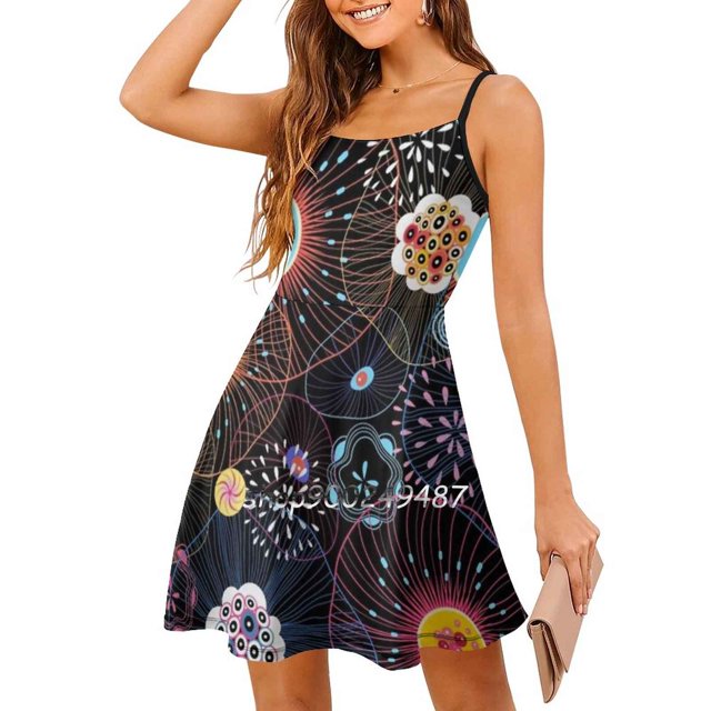 Bright Abstract Fantasy Pattern Square Neck Dress New Plus Size Elegant Women Waist Tight Dress Beautiful Abstract Pattern