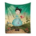 thumbnail image 1 of Mural Soft Flannel Fleece Throw Blanket, Fictional Scene of Little Girl with Blue Polka Dotted Dress Holding a Flamingo Toy, Cozy Plush for Indoor and Outdoor Use, 50" x 70", Multicolor, by Ambesonne, 1 of 6