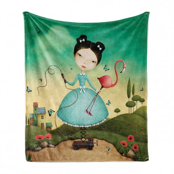 Mural Soft Flannel Fleece Throw Blanket, Fictional Scene of Little Girl with Blue Polka Dotted Dress Holding a Flamingo Toy, Cozy Plush for Indoor and Outdoor Use, 60" x 80", Multicolor, by Ambesonne