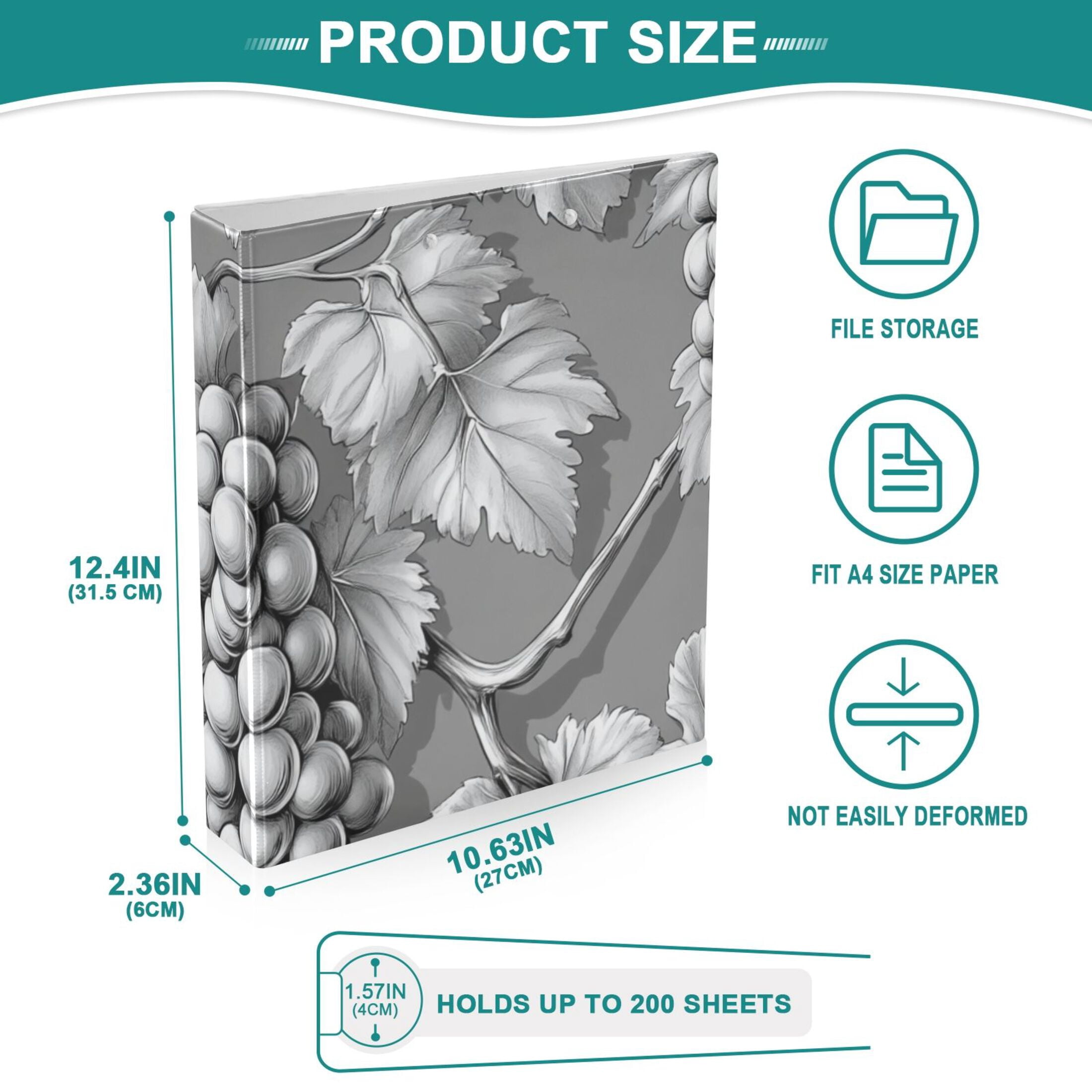 Gray Grapes 3 Ring Binders 1.5 inch Hardcover File Folders with Interior Pockets A4 Size Organizer for School Office Hospital